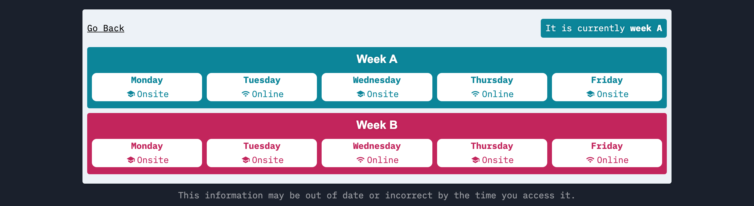 A specially designed weekly timetable page for online learning requirements during the 2020 Covid-19 lockdown.